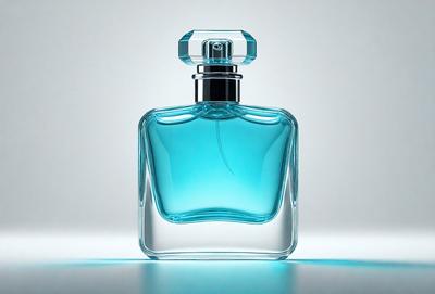 The primary subject of the image is a bottle of blue cologne. The setting is a white background, which provides a clean and minimalist appearance. The visual style is a close-up of the bottle, showcasing its details. The dominant colors are blue and white, creating a calm and soothing atmosphere.