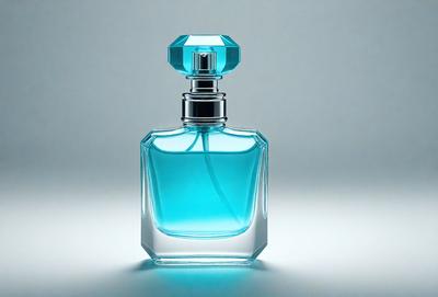 The primary subject of the image is a bottle of blue cologne. The setting is a white background, which provides a clean and minimalist appearance. The visual style is a close-up of the bottle, showcasing its details and color. The dominant colors are blue and white, creating a calm and soothing atmosphere.