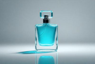 The primary subject of the image is a bottle of blue cologne. The setting is a white background, which provides a clean and minimalist appearance. The visual style is a close-up of the bottle, showcasing its details and design. The dominant colors are blue and white, creating a calm and soothing atmosphere.