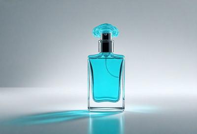 The primary subject of the image is a bottle of blue cologne. The setting is a white background, which provides a clean and minimalist appearance. The visual style is a close-up of the bottle, showcasing its design and color. The dominant colors are blue and white, creating a calm and soothing atmosphere.