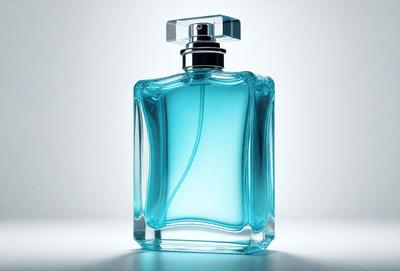The primary subject of the image is a bottle of perfume. The setting is a white background, which provides a clean and minimalist appearance. The visual style is a close-up of the bottle, showcasing its details and design. The colors and mood of the image are predominantly blue, which is the color of the perfume, creating a sense of elegance and sophistication.
