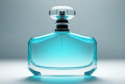 The primary subject of the image is a bottle of perfume. The setting is a white background, and the visual style is a close-up of the bottle. The dominant colors are blue and clear, giving the bottle a clean and elegant appearance. The overall atmosphere is sophisticated and luxurious.