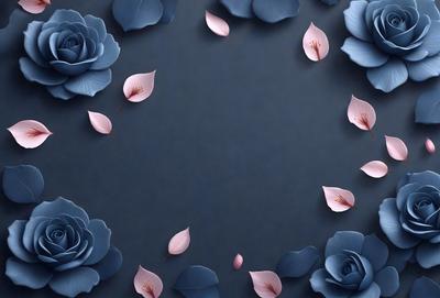 The primary subject of the image is a circle of pink flowers, which are scattered around a blue background. The setting appears to be a dark room, possibly a theater or a stage. The visual style of the image is a combination of photo and digital art, creating a unique and artistic representation of the flowers. The dominant colors in the image are pink and blue, giving the scene a calm and serene atmosphere.