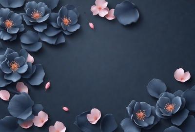 The primary subject of the image is a bouquet of flowers, with a focus on pink flowers. The setting is a dark blue background, which creates a contrasting and dramatic effect. The visual style is a combination of photo and digital art, as the flowers are depicted in a realistic manner while the background is digitally created. The colors and mood of the image are predominantly dark and moody, with the pink flowers providing a touch of warmth and life.