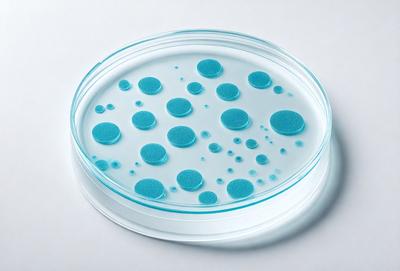 The primary subject of the image is a clear plastic container filled with blue liquid. The container is placed on a white surface, which serves as the background. The visual style of the image is a close-up of the container, showcasing the blue liquid and the blue beads inside. The colors and mood of the image are predominantly blue, creating a calm and soothing atmosphere.