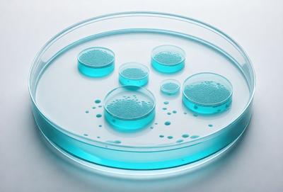 The primary subject of the image is a blue glass dish filled with blue liquid, which appears to be a mixture of water and blue beads. The dish is placed on a white surface, giving it a clean and minimalist appearance. The visual style of the image is a close-up, focusing on the details of the glass dish and its contents. The colors and mood of the image are predominantly blue, creating a calm and serene atmosphere.