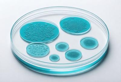 The primary subject of the image is a blue glass dish containing three blue globes. The setting is a white background, and the visual style appears to be a photo. The colors and mood of the image are predominantly blue, creating a calm and serene atmosphere.