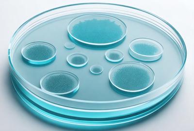 The primary subject of the image is a blue glass dish filled with blue liquid, which appears to be a mixture of blue and white beads. The dish is placed on a white surface, giving it a clean and minimalist appearance. The visual style of the image is a close-up of the glass dish, showcasing the intricate details of the beads and the liquid. The colors and mood of the image are predominantly blue, creating a calm and serene atmosphere.