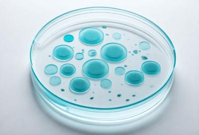 The primary subject of the image is a glass dish filled with blue liquid, containing small blue bubbles. The setting is a white background, and the visual style appears to be a close-up of the glass dish. The colors and mood of the image are predominantly blue, creating a calm and soothing atmosphere.