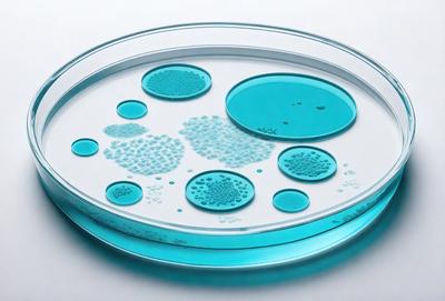 The primary subject of the image is a blue glass dish filled with blue liquid, which appears to be a mixture of water and soap bubbles. The dish is placed on a white surface, creating a striking contrast between the blue liquid and the white background. The visual style of the image is a close-up of the glass dish, showcasing the intricate details of the soap bubbles and the blue liquid. The colors and mood of the image are predominantly blue, giving it a calm and soothing