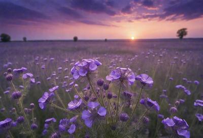 The primary subject of the image is a field of purple flowers, with a sunset in the background. The setting is a grassy field, and the visual style is a photo. The dominant colors are purple and orange, creating a serene and peaceful atmosphere.