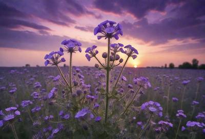 The primary subject of the image is a field of purple flowers, with a few purple flowers standing out in the foreground. The setting is a field with a purple sky in the background. The visual style is a photo of the field, capturing the beauty of the flowers and the sky. The colors and mood of the image are predominantly purple, creating a serene and peaceful atmosphere.