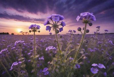 The primary subject of the image is a field of purple flowers, with a few white flowers mixed in. The setting is a grassy field, and the visual style is a photo. The dominant colors are purple and white, creating a serene and peaceful atmosphere.