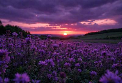 The primary subject of the image is a field of purple flowers, with a beautiful sunset in the background. The setting is a grassy field, and the visual style is a photo. The dominant colors are purple and pink, creating a serene and peaceful atmosphere.