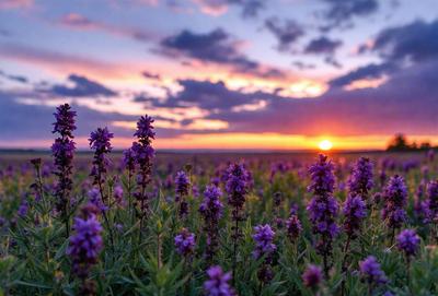 The primary subject of the image is a field of purple flowers, with a sunset in the background. The setting is a grassy field, and the visual style is a photo. The dominant colors are purple and orange, creating a serene and peaceful atmosphere.