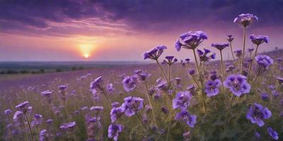 The primary subject of the image is a field of purple flowers, with a sunset in the background. The setting is a grassy field, and the visual style is a photo. The dominant colors are purple and pink, creating a serene and peaceful atmosphere.