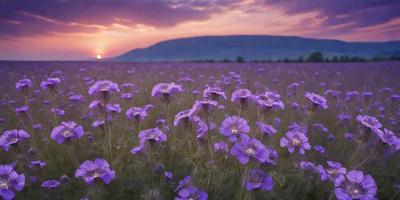 The primary subject of the image is a field of purple flowers. The setting is a grassy field with a mountain in the background. The visual style is a photo of the field with the sunset in the background. The dominant colors are purple and the overall atmosphere is serene and peaceful.