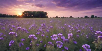 The primary subject of the image is a field of purple flowers. The setting is a large, open field with trees in the background. The visual style is a photo of the field, capturing the beauty of the purple flowers. The colors and mood of the image are predominantly purple, creating a serene and peaceful atmosphere.