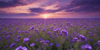 The primary subject of the image is a field of purple flowers, with a sunset in the background. The setting is a vast, open field with a cloudy sky. The visual style is a natural, outdoor scene with a focus on the flowers and the sunset. The colors and mood of the image are predominantly purple, creating a serene and peaceful atmosphere.