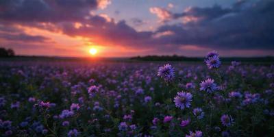 The primary subject of the image is a field of purple flowers, with a beautiful sunset in the background. The setting is a grassy field, and the visual style is a photo. The dominant colors are purple and pink, creating a serene and peaceful atmosphere.