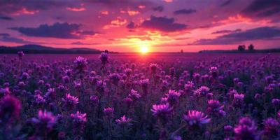 The primary subject of the image is a field of purple flowers, with a beautiful sunset in the background. The setting is a grassy field, and the visual style is a photo. The dominant colors are purple and pink, creating a serene and peaceful atmosphere.