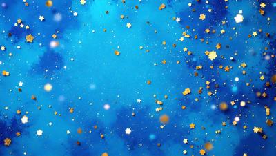 The primary subject of the image is a blue background with a pattern of stars. The setting is a night sky, and the visual style appears to be a digital art or illustration. The dominant colors are blue and gold, creating a serene and peaceful atmosphere.