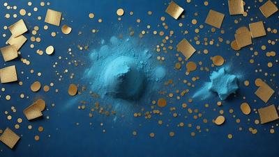 The primary subject of the image is a blue background with a blue powder or dust scattered across it. The setting appears to be a studio or a controlled environment, as the blue powder is likely a part of an artistic or creative project. The visual style of the image is a combination of photo and digital art, as the blue powder appears to be a digital creation. The colors and mood of the image are predominantly blue, creating a calm and serene atmosphere.