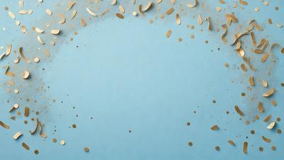 The primary subject of the image is a blue background with gold confetti falling on it. The setting is a blue surface, and the visual style is a combination of photo and digital art. The colors are predominantly blue and gold, creating a calm and serene atmosphere.