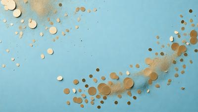 The primary subject of the image is a collection of gold and brown circles scattered across a blue background. The setting appears to be a studio or a controlled environment, as the circles are arranged in a deliberate manner. The visual style of the image is a combination of digital art and illustration, creating a unique and artistic composition. The dominant colors in the image are blue and gold, giving the scene a calm and sophisticated atmosphere.
