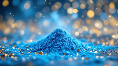The primary subject of the image is a blue substance, possibly a powder or a pile of blue powder, with a gold-like texture. The setting is a blue background, which creates a contrast with the blue substance. The visual style appears to be a close-up of the blue substance, possibly a digital art or illustration. The colors and mood of the image are predominantly blue and gold, giving it a unique and eye-catching appearance.