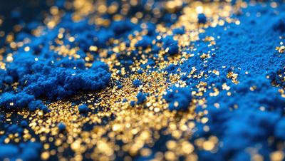 The primary subject of the image is a blue surface with gold glitter or gold flakes scattered across it. The setting appears to be a dark room, and the visual style is a close-up of the blue surface with gold glitter. The colors and mood of the image are predominantly dark and moody, with the blue surface and gold glitter creating a striking contrast.