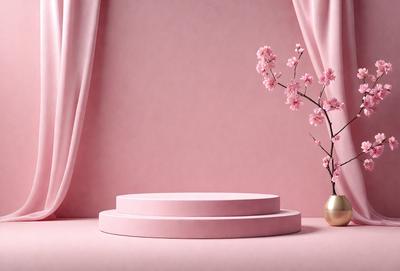 The primary subject of the image is a vase filled with pink flowers, placed on a pink table. The setting is a pink background, which adds a warm and inviting atmosphere to the scene. The visual style is a photo, capturing the beauty of the flowers and the table. The colors and mood of the image are predominantly pink, creating a sense of elegance and serenity.