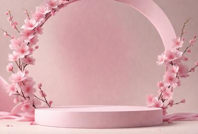 The primary subject of the image is a pink and white circular structure with a flower design. The setting is a white background, and the visual style appears to be a combination of photo and digital art. The dominant colors are pink and white, creating a warm and inviting atmosphere.
