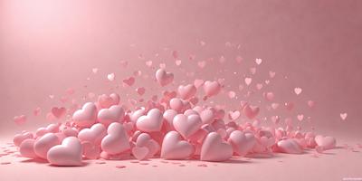 The primary subject of the image is a large pile of pink hearts. The hearts are scattered all over the scene, creating a visually appealing and playful atmosphere. The setting is a white background, which provides a clean and minimalistic environment for the hearts to stand out. The visual style of the image is a combination of photo and digital art, as the hearts are arranged in a way that resembles a painting or a digital illustration. The colors and mood of the image are predominantly pink, which ev