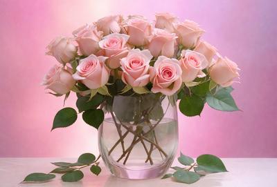 The primary subject of the image is a vase filled with pink roses. The vase is placed on a table, and the roses are arranged in a visually appealing manner. The setting is a pink background, which adds to the overall mood of the image. The visual style is a close-up of the vase and roses, showcasing the details of the flowers and the vase. The colors and mood of the image are predominantly pink, creating a warm and inviting atmosphere