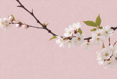 The primary subject of the image is a branch with white flowers on it. The setting is a pink background, which adds a warm and vibrant atmosphere to the scene. The visual style is a close-up of the branch, showcasing the details of the flowers and the branch's texture. The colors and mood of the image are predominantly pink, creating a sense of freshness and beauty.