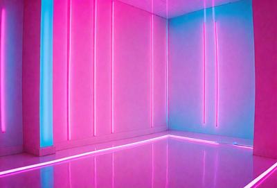 The primary subject of the image is a room with a pink and blue color scheme. The walls are painted in a combination of pink and blue, creating a unique and vibrant atmosphere. The setting is a room with a white floor, which contrasts with the colorful walls. The visual style of the image is a combination of photo and digital art, giving it a modern and artistic appearance. The colors and mood of the room are energetic and lively, with the pink and blue hues evoking a