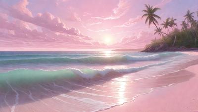 The primary subject of the image is a beautiful beach scene with a sunset in the background. The setting includes the ocean, where waves are crashing onto the shore. The visual style of the image is a painting, which adds a sense of artistic expression and vibrancy to the scene. The colors and mood of the painting are warm and inviting, with the sunset casting a golden glow over the ocean and the beach.