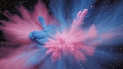 The primary subject of the image is a blue and pink explosion, which appears to be a digital art or illustration. The setting is a night sky, with stars visible in the background. The visual style gives the impression of a colorful and dynamic scene. The dominant colors are blue and pink, creating a vibrant and energetic atmosphere.