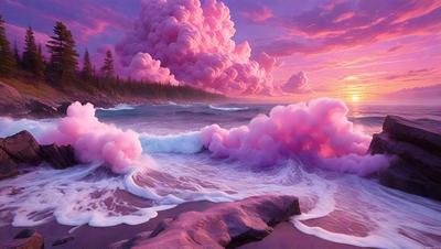 The primary subject of the image is a pink cloud, which is floating in the sky above a beach. The setting is a beach with a rocky surface, and the visual style appears to be a digital art or illustration. The dominant colors in the image are pink and purple, creating a serene and dreamy atmosphere.