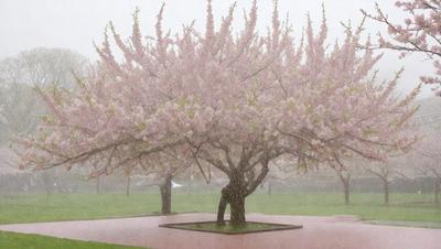 The primary subject of the image is a tree with pink flowers, which is located in a park. The tree is surrounded by a grassy area, and there are other trees in the background. The setting appears to be a park or a similar outdoor environment. The visual style of the image is a photo, capturing the beauty of the tree and its surroundings. The dominant colors in the image are pink and green, creating a serene and peaceful atmosphere.