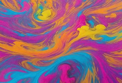 The primary subject of the image is a colorful, swirling pattern that resembles a painting or a digital artwork. The setting is a background of a colorful, swirling pattern, which adds to the overall visual style. The colors and mood of the image are vibrant and lively, with a mix of pink, blue, yellow, and orange hues.