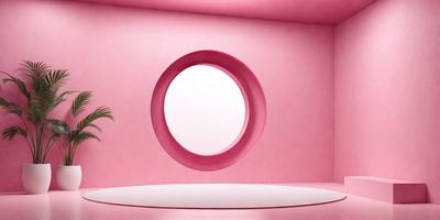 The primary subject of the image is a large, round mirror with a pink background. The mirror is placed on a pink surface, which creates a visually striking contrast with the mirror's reflection. The setting appears to be a room with a pink wall, and the visual style is a combination of photo and digital art. The colors and mood of the image are predominantly pink, creating a warm and inviting atmosphere.