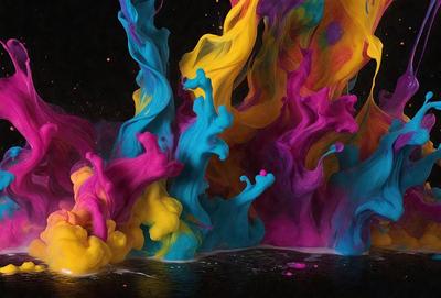 The primary subject of the image is a colorful, swirling, and flowing pattern, which appears to be a mix of yellow, blue, and pink. The setting is a dark background, which contrasts with the vibrant colors of the pattern. The visual style of the image is a combination of digital art and illustration, creating a dynamic and artistic representation of the swirling pattern. The colors and mood of the image are lively and energetic, with the bright hues evoking a sense