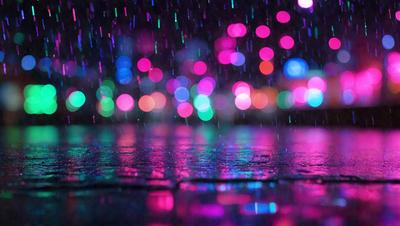 The primary subject of the image is a rainy city street at night. The setting is a rainy city street with a puddle of water on the ground. The visual style is a photo of a rainy city street at night. The colors and mood of the image are predominantly dark and moody, with the lights from the city creating a vibrant and colorful atmosphere.
