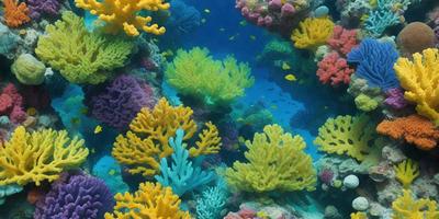 The primary subject of the image is a vibrant and colorful underwater scene featuring a variety of coral and fish. The setting is a blue ocean, and the visual style appears to be a photo of the underwater environment. The colors and mood of the image are lively and energetic, with a mix of bright and bold colors that create a sense of excitement and wonder.