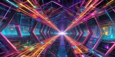 The primary subject of the image is a brightly colored tunnel with a purple and blue light show. The tunnel is illuminated by a bright light, creating a vibrant and colorful atmosphere. The setting is a futuristic environment, possibly a space station or a high-tech facility. The visual style of the image is a combination of digital art and illustration, with a focus on the tunnel's unique design and the light show's vivid colors. The colors and mood of the image are energetic