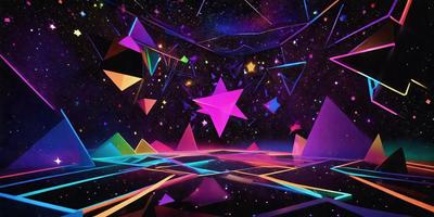 The primary subject of the image is a colorful, abstract design featuring a mix of stars, triangles, and other geometric shapes. The setting is a black background, which contrasts with the vibrant colors of the design. The visual style is a combination of digital art and illustration, creating a unique and eye-catching pattern. The dominant colors in the image are pink, purple, and blue, giving the overall atmosphere a sense of playfulness and creativity.