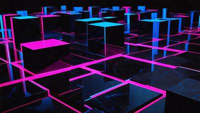 The primary subject of the image is a large, colorful, and intricate pattern of cubes and squares. The setting is a black and pink marble surface, which adds a unique visual style to the scene. The overall atmosphere is vibrant and captivating, with the bright colors and intricate design creating a visually striking and memorable image.