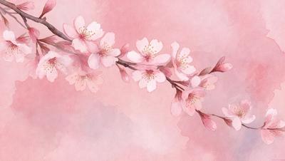 The primary subject of the image is a branch with pink flowers on it. The setting is a pink background, which adds to the overall mood of the scene. The visual style is a watercolor painting, giving the image a unique and artistic appearance. The dominant colors are pink and white, creating a warm and inviting atmosphere.